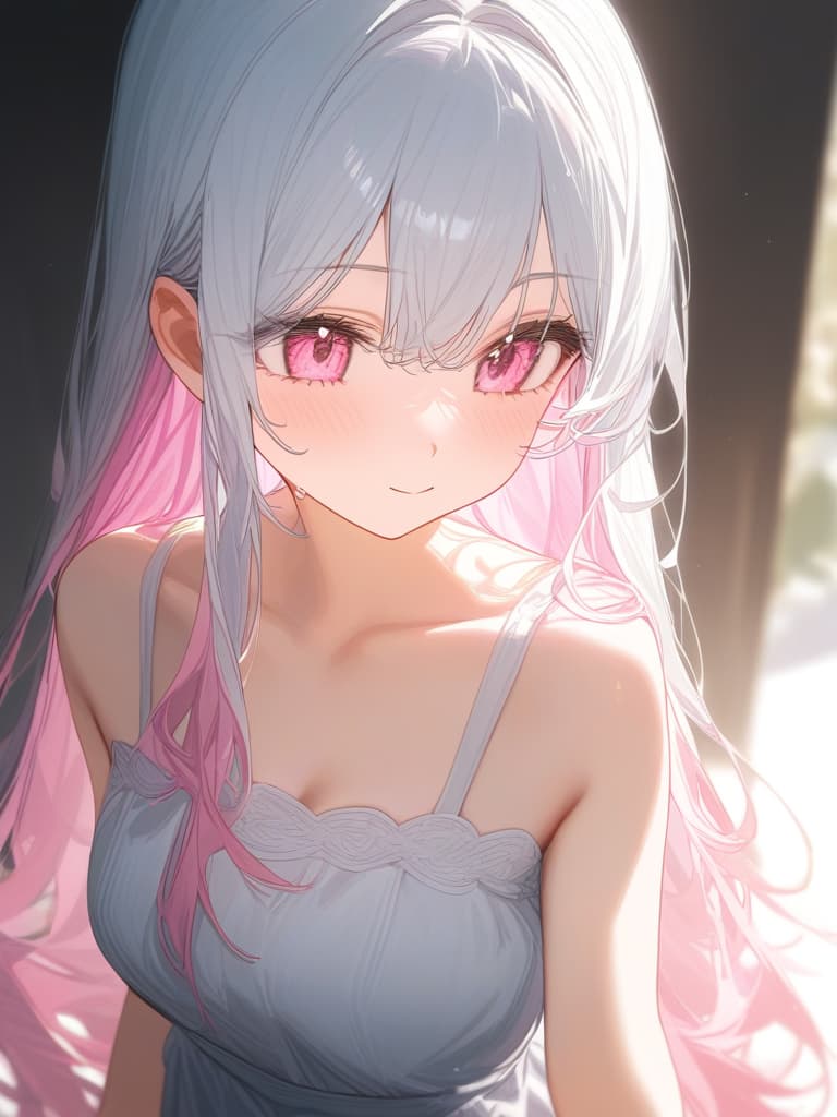  girls, white hair, pink, pink gradation hair color, cute face, pink eye, dress, straight hair, thin body, collarbone, masterpiece, best quality,8k,ultra detailed,high resolution,an extremely delicate and beautiful,hyper detail