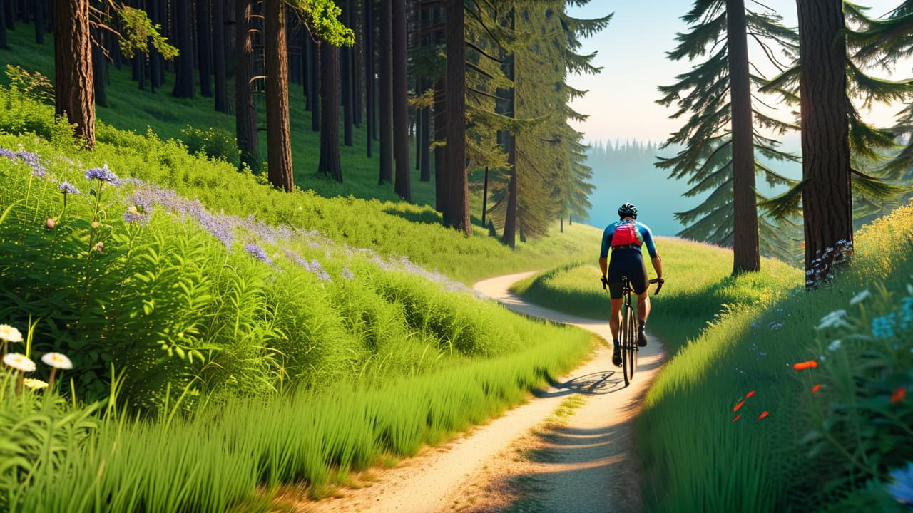  a vibrant, sunlit forest path with a determined cyclist pedaling uphill, sweat glistening, surrounded by lush greenery and wildflowers, capturing the essence of adventure and fitness in a serene outdoor setting. hyperrealistic, full body, detailed clothing, highly detailed, cinematic lighting, stunningly beautiful, intricate, sharp focus, f/1. 8, 85mm, (centered image composition), (professionally color graded), ((bright soft diffused light)), volumetric fog, trending on instagram, trending on tumblr, HDR 4K, 8K