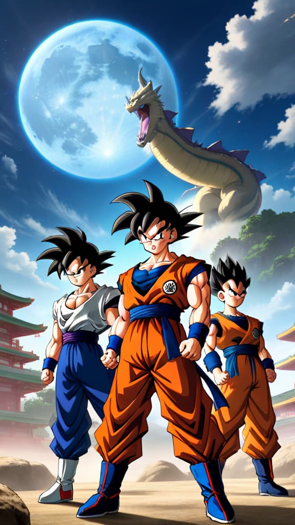  hybrid saiyans gohan, goten, and trunks from dragon ball z showcasing their extraordinary capabilities in anime art hyperrealistic, full body, detailed clothing, highly detailed, cinematic lighting, stunningly beautiful, intricate, sharp focus, f/1. 8, 85mm, (centered image composition), (professionally color graded), ((bright soft diffused light)), volumetric fog, trending on instagram, trending on tumblr, HDR 4K, 8K