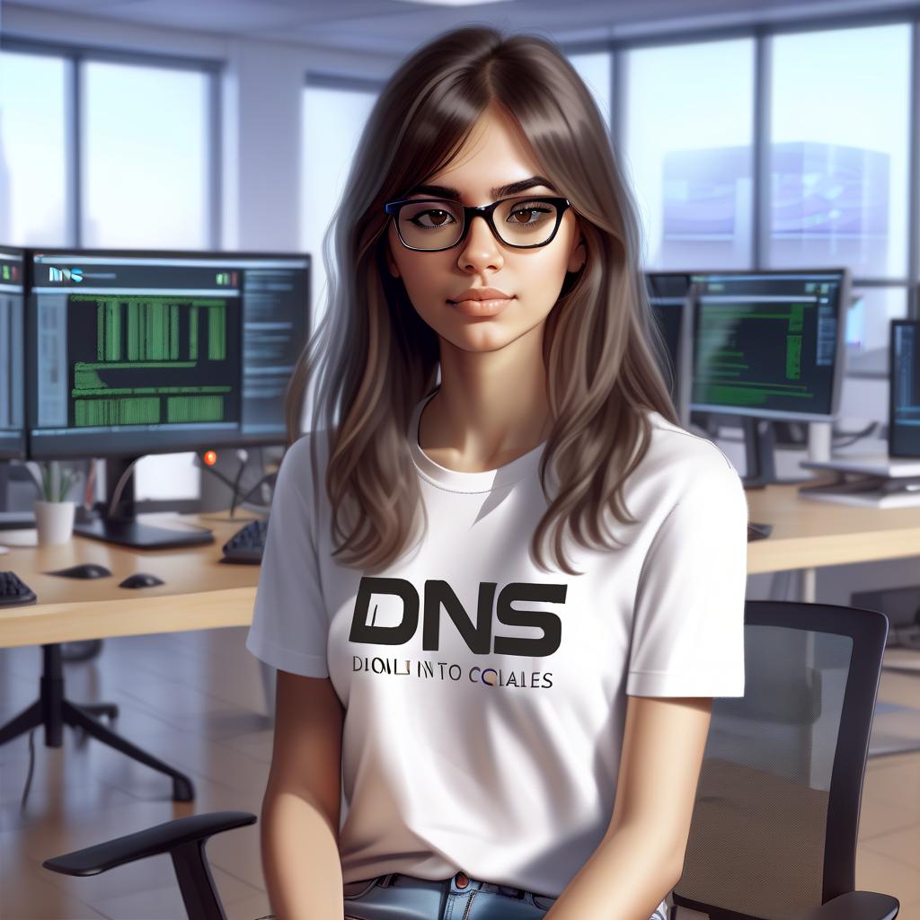  a young woman sitting in front of two computer screens a beautiful girl with black glasses in a t shirt with the inscription "dns" in large letters, in a sitting position in the office of an it company, behind the girl you can see personal computers and monitors with graphics.