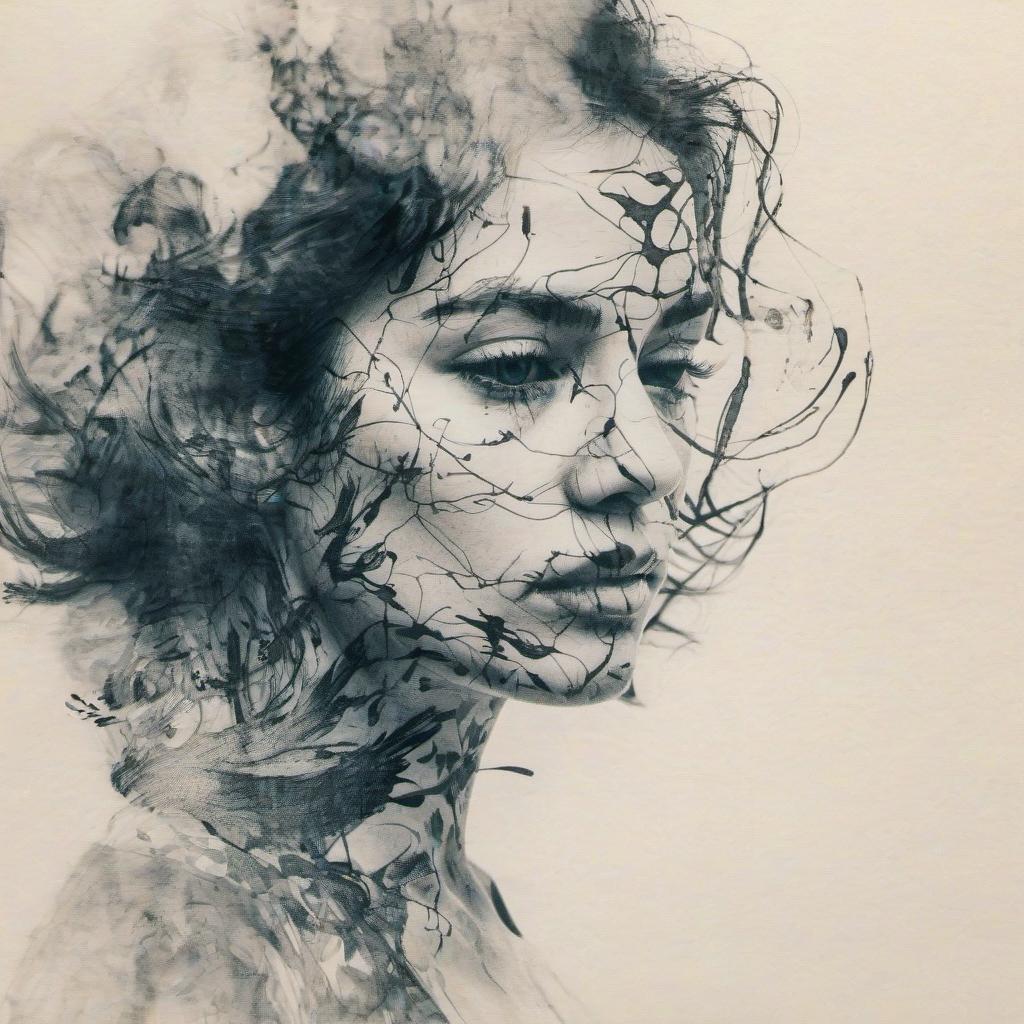  the woman's face. ink drawing. double exposure, film photography style