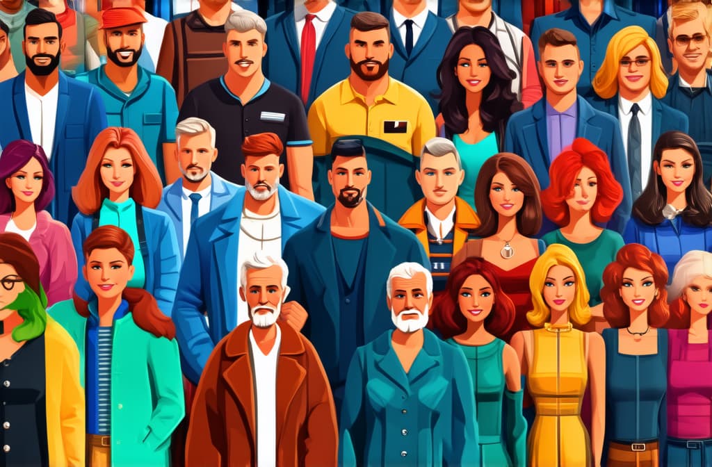  crowd of young and old men and women in trendy hipster clothes. diverse group of stylish people standing together. society or population, social diversity. flat cartoon vector illustration. ar 3:2 {prompt}, maximum details