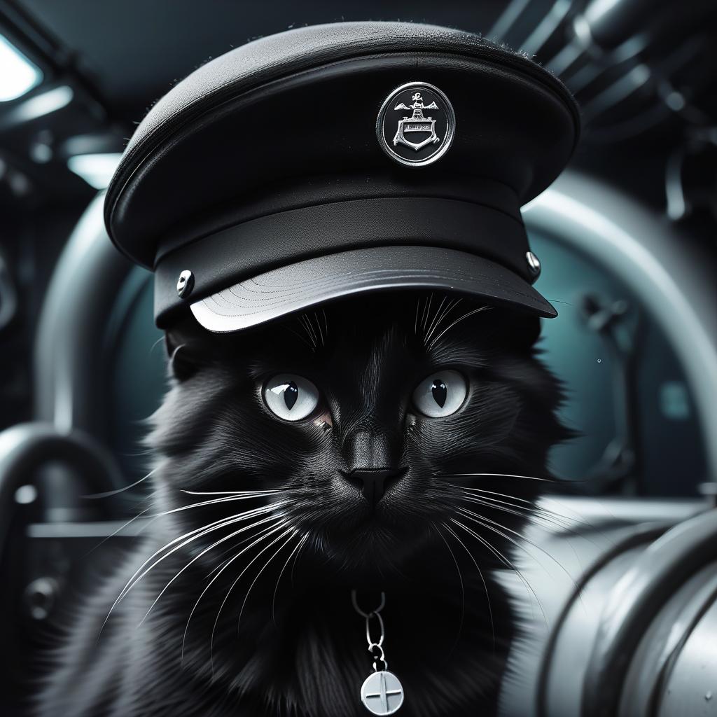  a furry black cat in a black white cap in a submarine