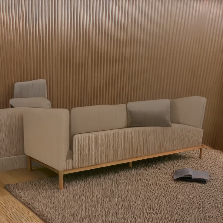  ultra realistic highr resolution at the wall add vertical panel design featuring narrow, evenly spaced vertical slats in a light wooden texture. each slat is rectangular and has a consistent height and width, creating a rhythmic pattern across the surface. the slats are positioned closely together, casting subtle shadows in the gaps between them. the background behind the slats is darker, providing contrast and highlighting the light color and fine wood grain texture of the slats. modern design, chair, sofa, the overall lighting is soft, accentuating the smoothness and natural texture of the wood without harsh reflections. floor, and ceiling will remain untouched hyperrealistic, full body, detailed clothing, highly detailed, cinematic light