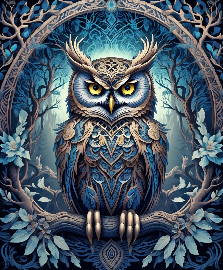  horror themed masterpiece, hdr 8k, digital image. conceptual art. (owl, a dangerous bird of prey, sits on a tree, piercing gaze, sharp beak, powerful claws), appearing in ancient russian ethnic ornaments that make up a symmetrical mandala consisting of an endless forest, a wide flowing river and majestic mountains, the mandala is decorated with a fantastic ice pattern). abstract elements: stones, tree leaves, flowers. the effect of dissolving the natural shades of fur in sky waves. filigree finishes, mysterious neon glowing accents, intricate. stylization. neo rococo style. stylish, dynamic, atmospheric. background dissolving abstract patterns in the space:: vignetting:: complex ethnic ornament. mystery, fantasy surrealism. high detail. h