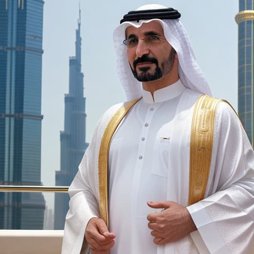  a highly detailed and realistic portrait of sheikh mohammed bin rashid al maktoum, the vice president and prime minister of the uae and ruler of dubai. the image showcases him in traditional emirati attire, complete with a white kandora and black agal, standing confidently against a backdrop of the iconic burj khalifa and dubai skyline. his expression is dignified and thoughtful, reflecting his leadership qualities. the lighting is soft, emphasizing his features and the rich textures of his clothing.