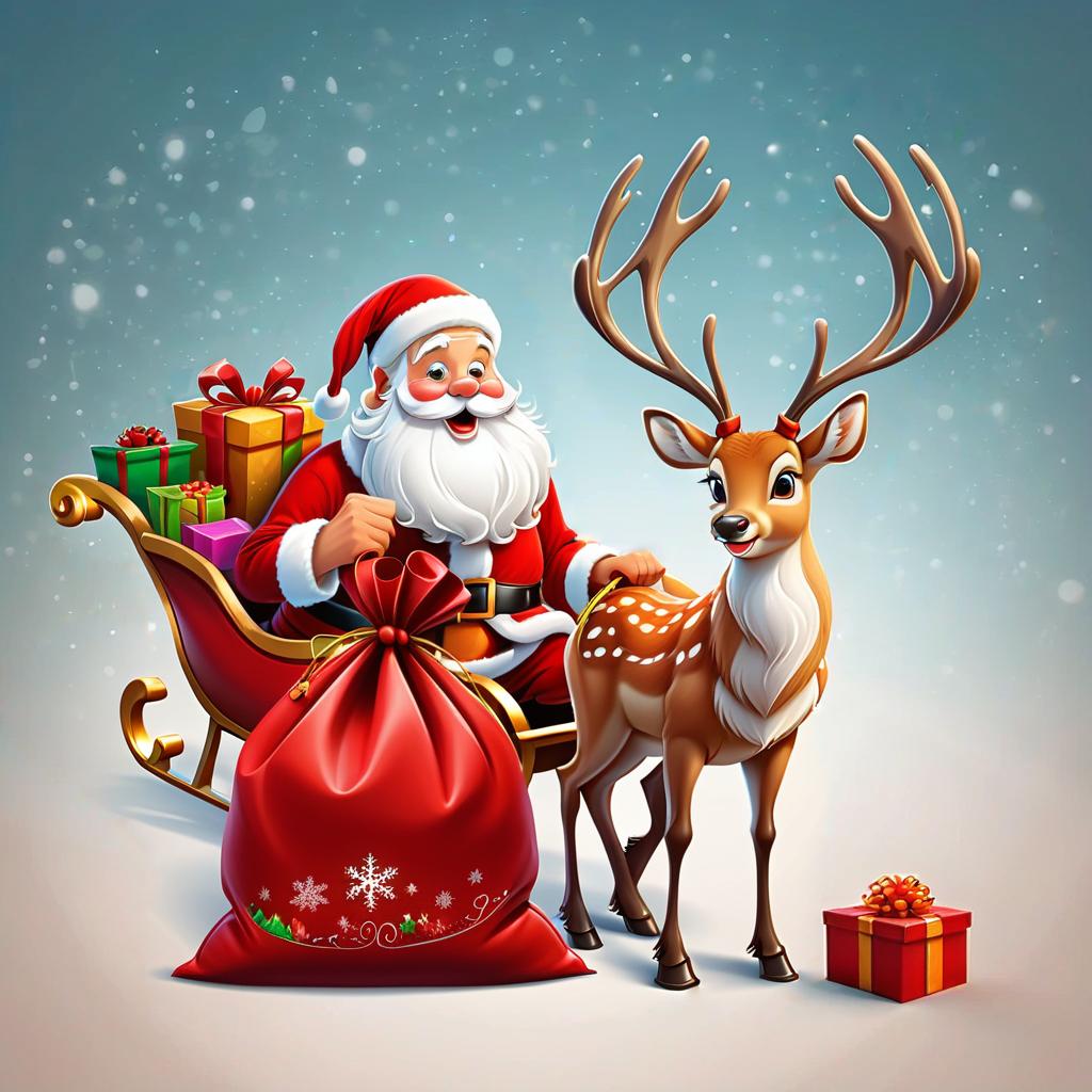  santa claus, sleigh, deer, bag with gifts. cartoon style