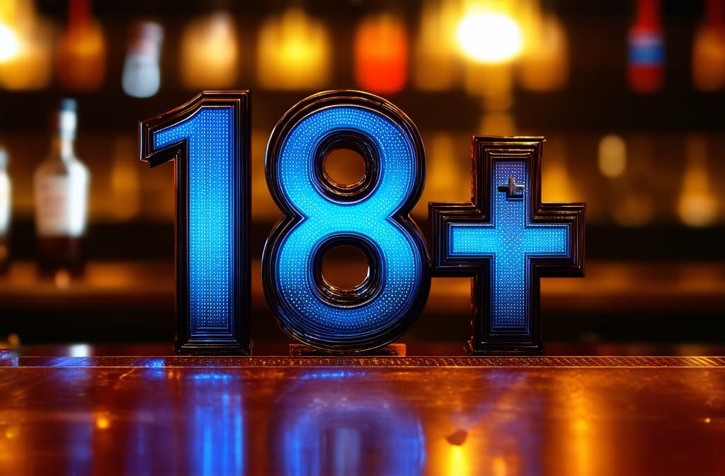  closeup on 3d letters "18+" at bar counter, whiskey bottle blurred in background ar 3:2 {prompt}, maximum details