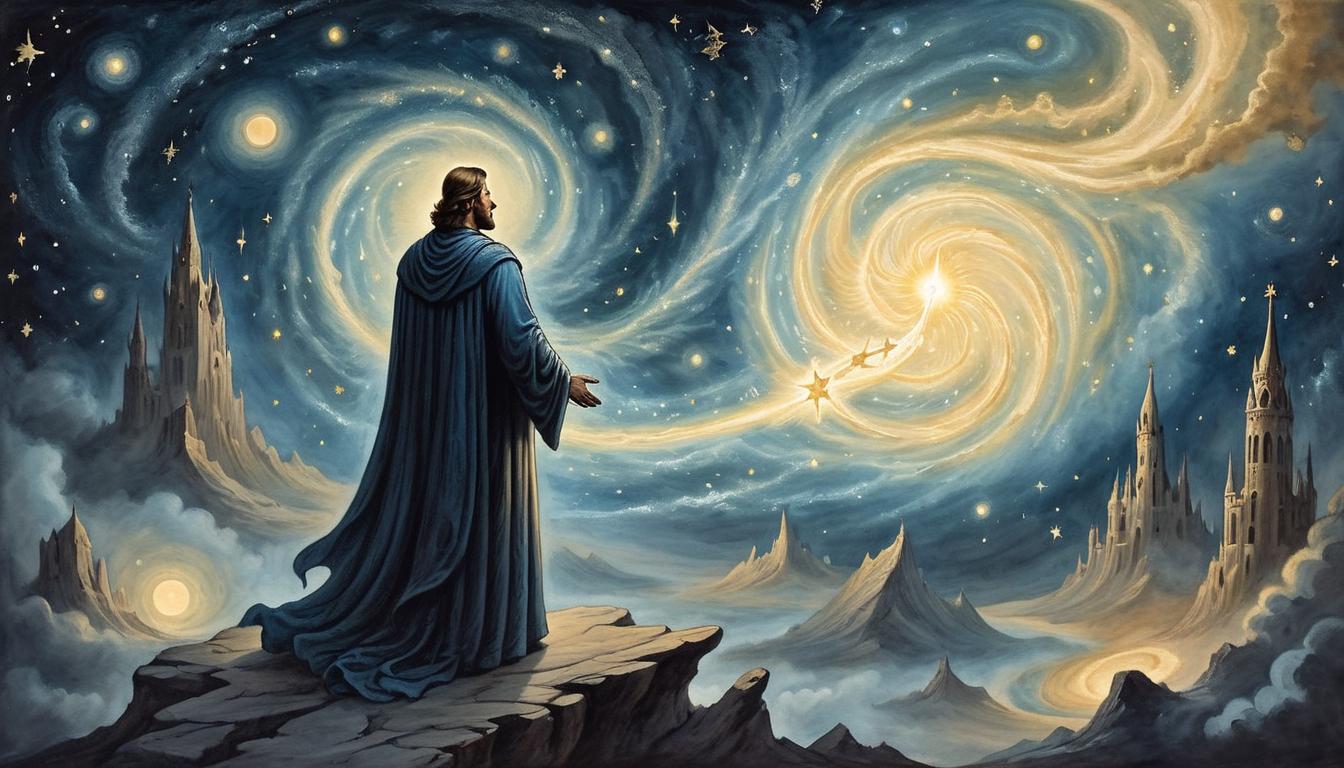  on parchment, surrealism+++, celestial figure casting a glowing light over a dark world, arms outstretched, stars and galaxies swirling, sense of divine purpose, heavenly guidance, illuminating presence.(mysterious, provocative, symbolic,muted color)+++