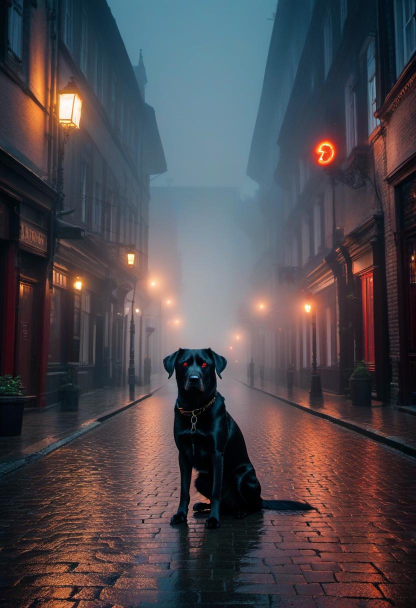  cinematic photo horror, dark, atmospheric, a small street in a dark city, a big evil dog with evil red fire eyes, very foggy, . 35mm photograph, film, bokeh, professional, 4k, highly detailed, film photography style hyperrealistic, full body, detailed clothing, highly detailed, cinematic lighting, stunningly beautiful, intricate, sharp focus, f/1. 8, 85mm, (centered image composition), (professionally color graded), ((bright soft diffused light)), volumetric fog, trending on instagram, trending on tumblr, HDR 4K, 8K