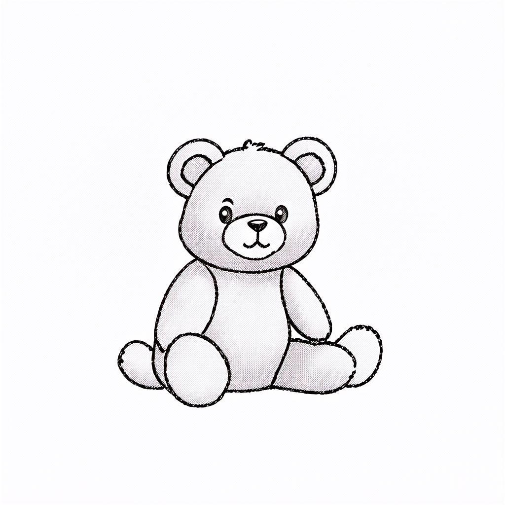  contour, very simple image in one unbroken black ink line, single line of cute teddy bear sitting sideways, solid white background using a single continuous black line ink brushon white background, drawing should be created without lifting the pen, recognizable features of cute teddy bear sitting sideways, solid white background in one unbroken line