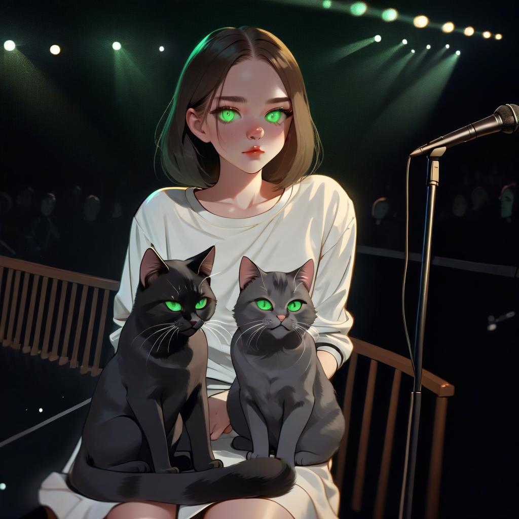  girl with dark green eyes, two cats, space, spotlights, view from the stage, microphone, music, royal grace