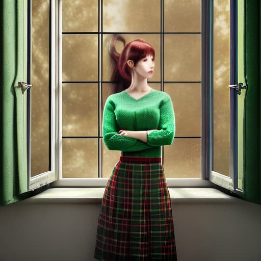 redshift style Woman in green sweater and checkered skirt posing for photo in front of window with hair in tail, MilaAzul, optical illusion, cute, color photography