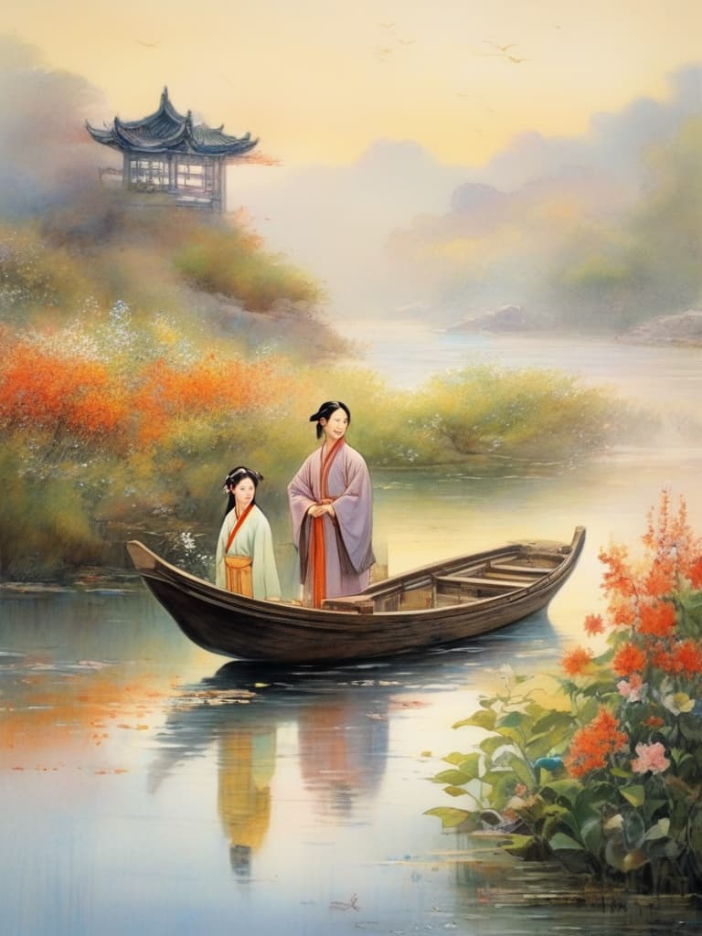  at the pier by the river, the ancient chinese poet boy is standing on a small boat preparing to leave. the picture shows the flowers blooming on the banks of the river, and the water is clear, and li bai is standing on the front of the boat in a floating dress, as if he was on a long way. he's got a twilight look on his face, looking far away