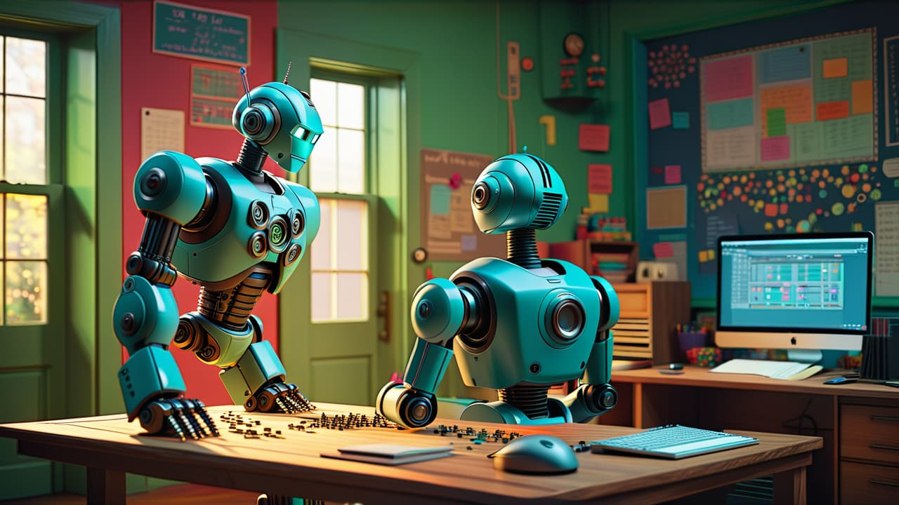  a colorful clroom scene with a and a robot working together. the is curious, pointing at robot parts, surrounded by gears, circuits, and drawings of robots. bright, engaging atmosphere with designs. hyperrealistic, full body, detailed clothing, highly detailed, cinematic lighting, stunningly beautiful, intricate, sharp focus, f/1. 8, 85mm, (centered image composition), (professionally color graded), ((bright soft diffused light)), volumetric fog, trending on instagram, trending on tumblr, HDR 4K, 8K