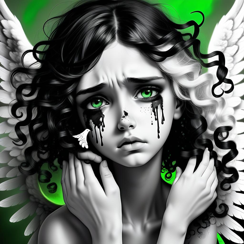  1) a very sad angel in tears, 2) one wing white, the other black, open (3) curly black and white hair, the right half of the hair on the head is white, the left half of the hair on the head is black. 4) angel takes off (5) black and white art 6) green eyes remaining black and white (7) in wounds