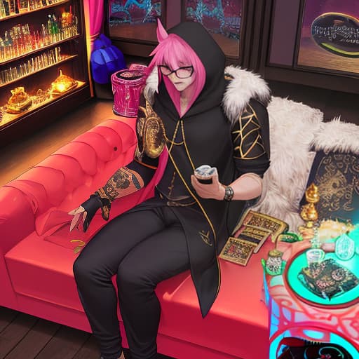  A human like pitaya, man, a dragon fruit. Round black eyes with pink glasses, a black hugging shirt, a black hooded cloak, black jeans, a nightclub, pink glow, sitting on a red couch with whiskey, feet together, playing cards, a gangster, browsing a phone, idol, wealthy, gold chain, action style, comic style. Poster for a movie saying "DRAGON". hyperrealistic, full body, detailed clothing, highly detailed, cinematic lighting, stunningly beautiful, intricate, sharp focus, f/1. 8, 85mm, (centered image composition), (professionally color graded), ((bright soft diffused light)), volumetric fog, trending on instagram, trending on tumblr, HDR 4K, 8K
