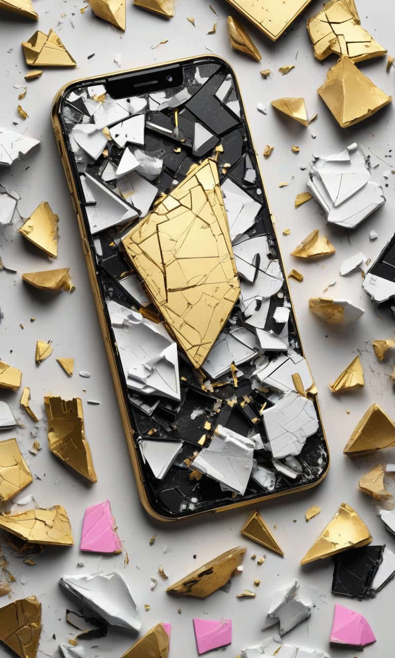  concept art black, white, gold, pink broken gold phone, shards, chips . digital artwork, illustrative, painterly, matte painting, highly detailed, perfect hands