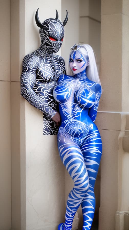  Blue and White Spider-patterned body paint in every corner of the whole body, full-body, silver body paint,Silver face paint on the face,Two succubuses 女性