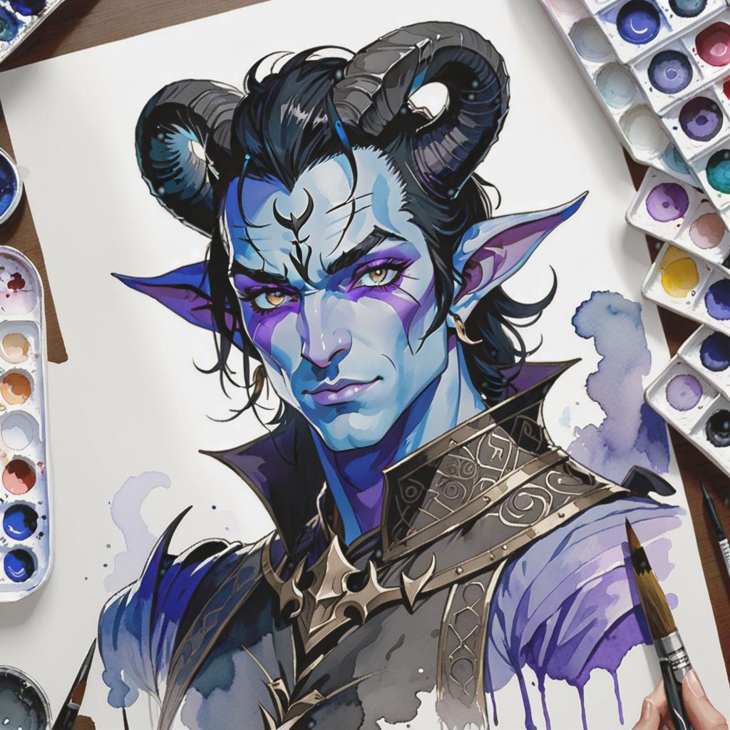  line art drawing portrait of a man, tiefling race, blue skin, black hair with gray, black horns, goatee, purple eyes and black vertical eyeshadows, by howard pyle, (dim, watercolor 2 but extremely beautiful:1.4), (intricate details, masterpiece, best quality:1.4) , in the style of nicola samori, japanese style ink drawing, ink drawing, ink wash, japanese style ink drawing,, looking at viewer . professional, sleek, modern, minimalist, graphic, line art, vector graphics hyperrealistic, full body, detailed clothing, highly detailed, cinematic lighting, stunningly beautiful, intricate, sharp focus, f/1. 8, 85mm, (centered image composition), (professionally color graded), ((bright soft diffused light)), volumetric fog, trending on instagram, trending on tumblr, HDR 4K, 8K