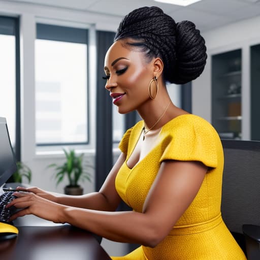  (African American woman, hair in locs in an updo style, woman sitting at a computer desk in a luxury office, woman is wearing a beautiful while and yellow dress), photorealistic, highly detailed, 4k, high quality hyperrealistic, full body, detailed clothing, highly detailed, cinematic lighting, stunningly beautiful, intricate, sharp focus, f/1. 8, 85mm, (centered image composition), (professionally color graded), ((bright soft diffused light)), volumetric fog, trending on instagram, trending on tumblr, HDR 4K, 8K