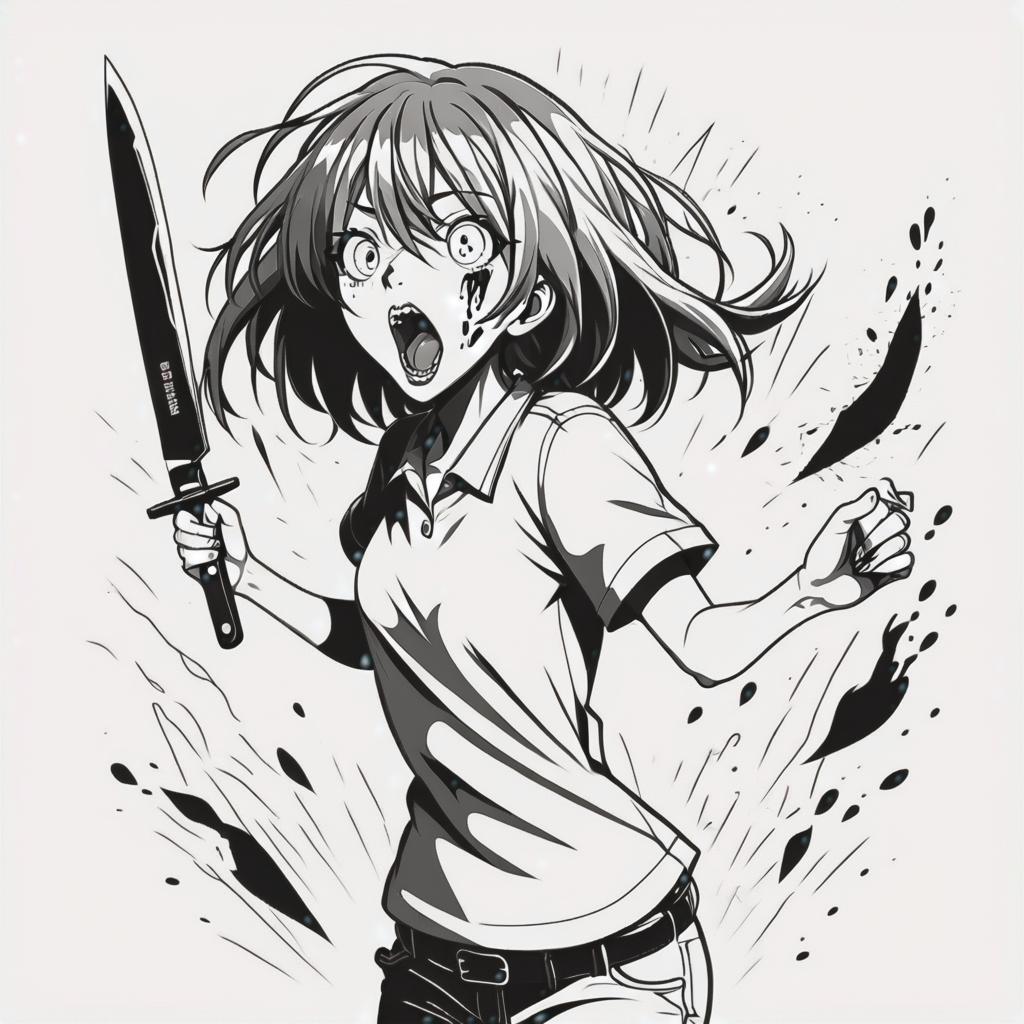  line art drawing screaming girl with knife, same nightmare. anime style . professional, sleek, modern, minimalist, graphic, line art, vector graphics