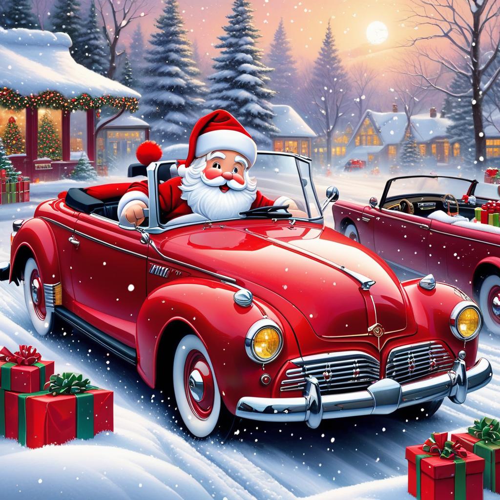  santa driving a hot rod red convertible with presents in backseat snow falling, award winning, professional, highly detailed, masterpiece