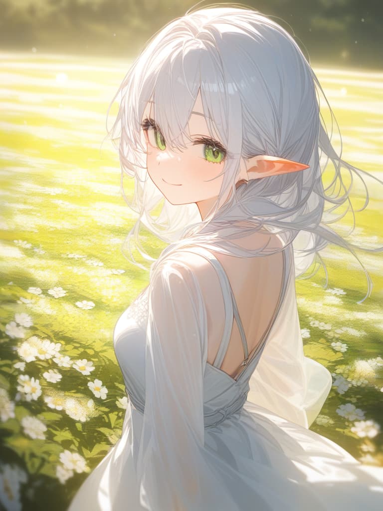  white hair, elf ear, small girl, green eye, smile, flower field, white dress, masterpiece, best quality,8k,ultra detailed,high resolution,an extremely delicate and beautiful,hyper detail