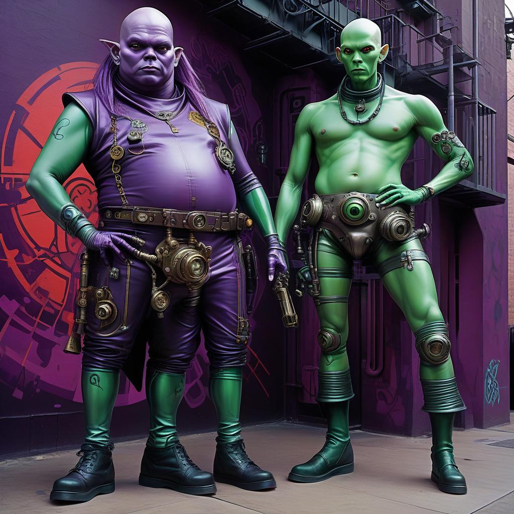  graffiti style a group of space pirates, a young alien of thai appearance, 20 year, purple skin, large size elastic , elegant thin waist, long slender legs, green hair. man, 40 year, small, fat, bald, black. next to the droid and minotaur. full length image, steampunk, dieselpunk, paropunk, standing in a space tavern, against a background of red light. . street art, vint, urban, detailed, tag, mural