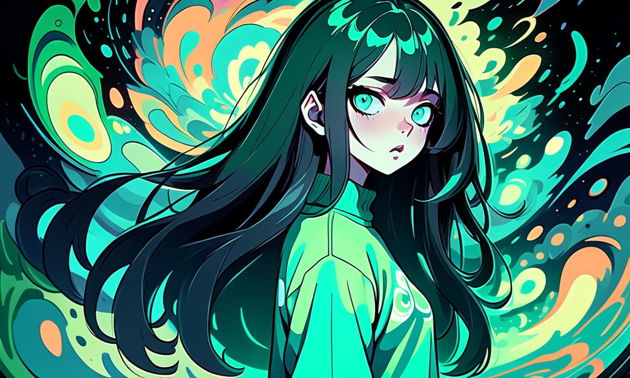  psychedelic style a girl in anime style with long black hair stands in the dark dressed in a pastel green sweater and pants. the girl looks into the darkness with black lower eyelids under the eyes full of fear of the unknown and curiosity, and the bright turquoise eyes themselves stand out against the background of everything. the colors in the image are dark. . vibrant colors, swirling patterns, abstract forms, surreal, trippy