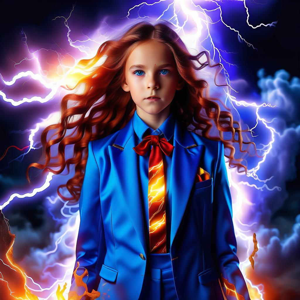  a girl magician in a bright blue suit owns the elements of earth, lightning and fire and air and water in full growth with long wavy hair and eyes of lightning color