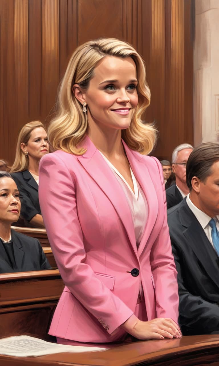  concept art color pink, white, black, gold courtroom reese witherspoon in pink suit speaks to judge . digital artwork, illustrative, painterly, matte painting, highly detailed, perfect hands