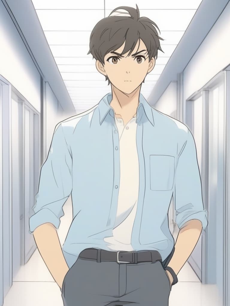  an anime style image of a young man with short,wavy black hair and sharp,expressive brown eyes. he is standing in a well lit modern hallway,holding a smartphone in one hand. he is dressed casually in a light blue button up shirt with rolled up sleeves,featuring a small black pocket with a minimalist design. the young man has a friendly and approachable expression,giving off a relaxed and confident vibe. the background is a clean,professional setting with subtle lighting and modern decor.