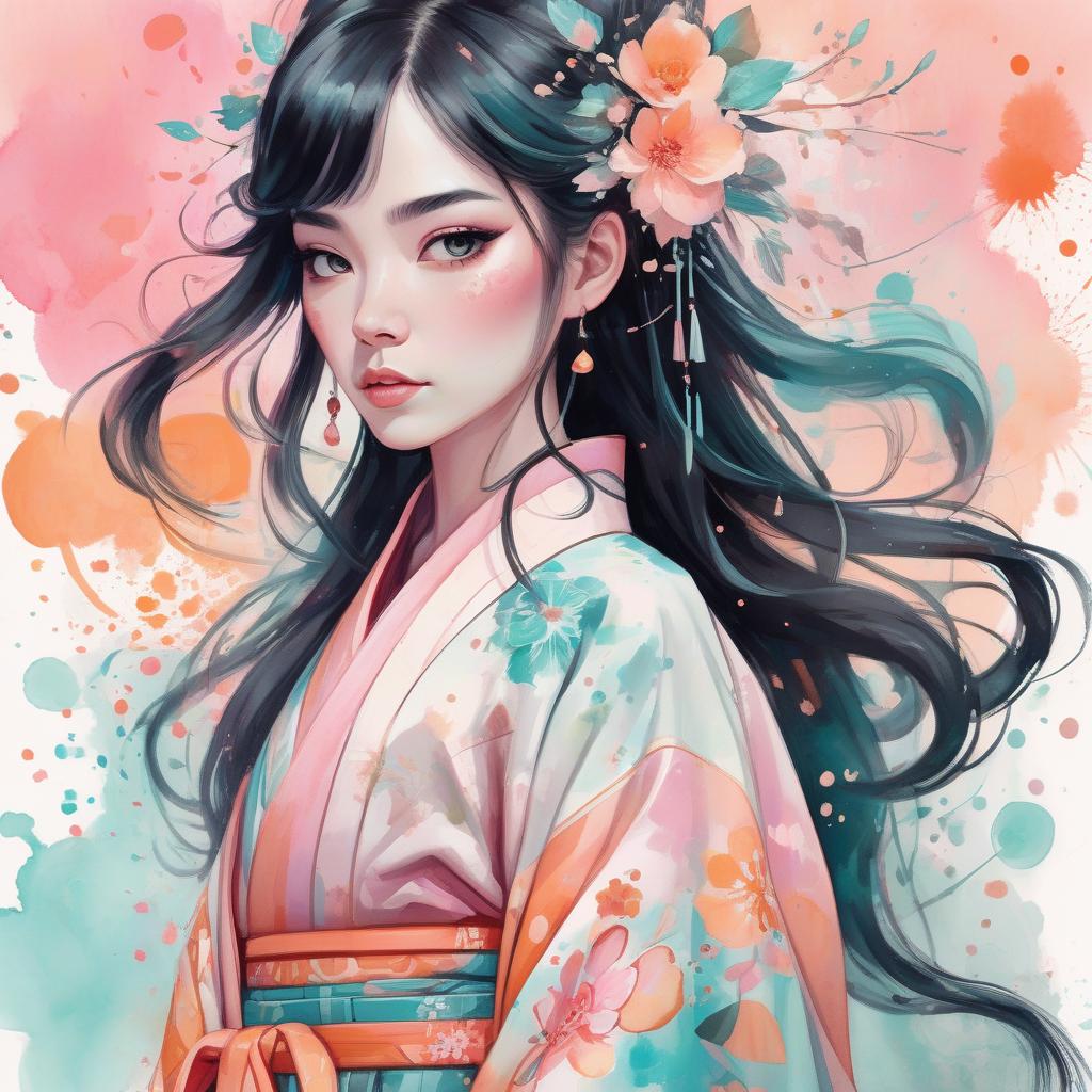  an asian woman wearing an intricate kimono, digital watercolor painting, paint splatter, long hair, bold brush strokes, pale skin, bright colors on white background, pink peach orange teal black color palette, symmetrical, bold eyeshadow, adorable, cute, pixar style painting, art nouveau