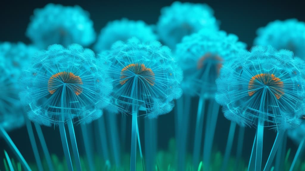  dandelions ar 16:9, colorful, low poly, cyan and orange eyes, poly hd, 3d, low poly game art, polygon mesh, jagged, blocky, wireframe edges, centered composition