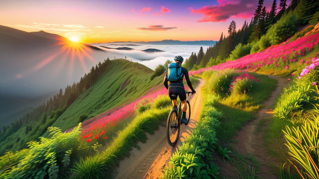  a scenic mountain trail at sunrise, featuring a cyclist navigating steep paths, surrounded by lush greenery and vibrant wildflowers, with a distant view of misty peaks, evoking a sense of adventure and fitness. hyperrealistic, full body, detailed clothing, highly detailed, cinematic lighting, stunningly beautiful, intricate, sharp focus, f/1. 8, 85mm, (centered image composition), (professionally color graded), ((bright soft diffused light)), volumetric fog, trending on instagram, trending on tumblr, HDR 4K, 8K