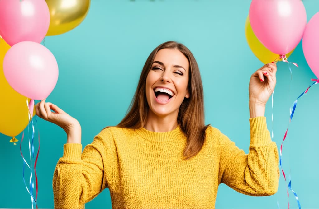  professional detailed photography, illustration of happy woman looking at balloons during birthday party ar 3:2, (muted colors, dim colors, soothing tones), (vsco:0.3)