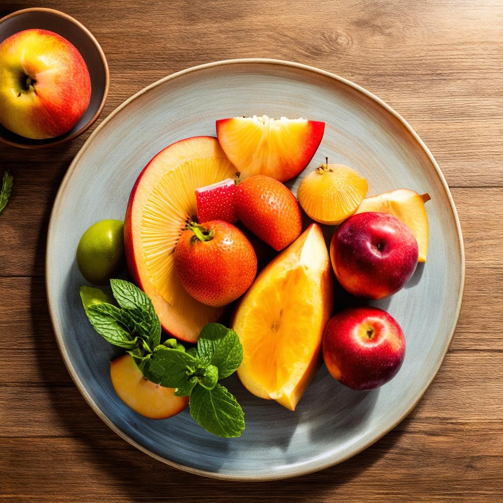  a plate of fruit on the table, (natural skin texture, hyperrealism, soft light, muted colors), epic realistic, rutkowski