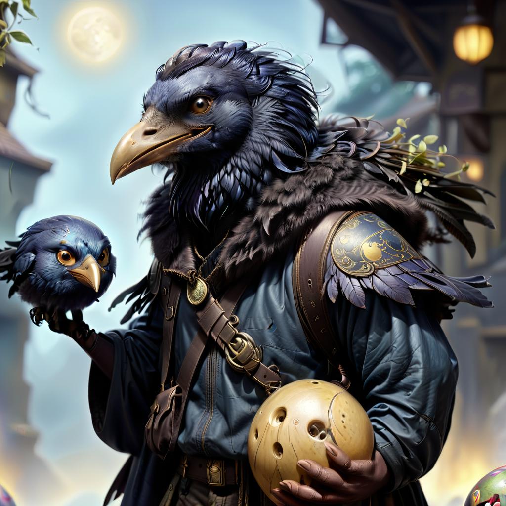  ethereal fantasy concept art of black with blue tint avian humanoid race with raven head alchemist, cape, mischievous yellow eyes, smiling, rags and leather cloak with lots of pockets, big backpack with pockets, black bowling ball in hand . magnificent, celestial, ethereal, painterly, epic, majestic, magical, fantasy art, cover art, dreamy, civitai