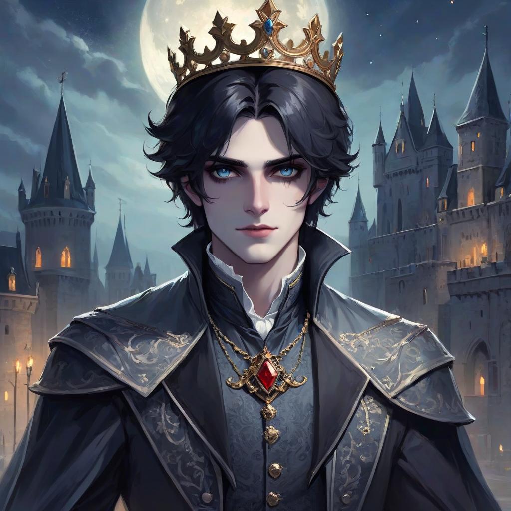  ethereal fantasy concept art of young vampire aristocrat in rich clothes with ruffled black hair, gray eyes, night, near the castle, with a crown on his head . magnificent, celestial, ethereal, painterly, epic, majestic, magical, fantasy art, cover art, dreamy