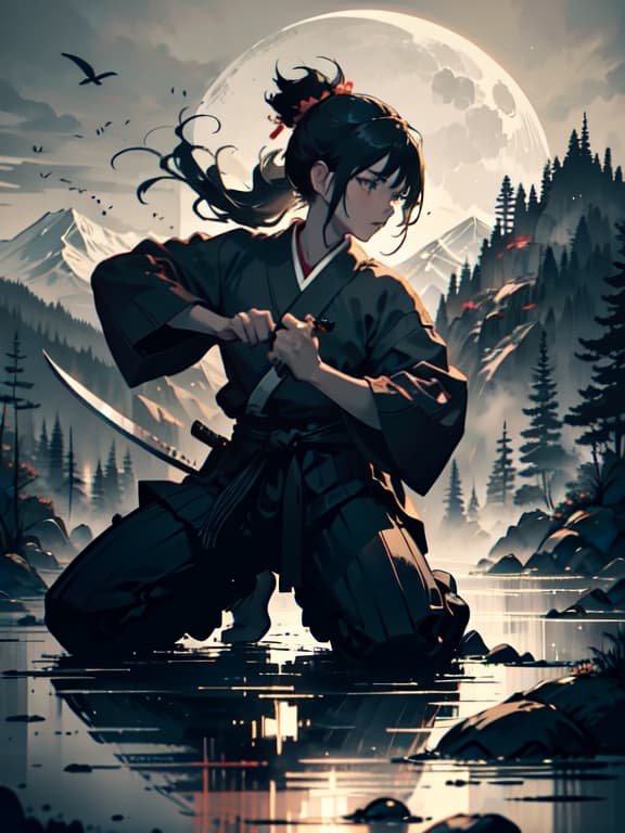  master piece, best quality, ultra detailed, highres, 4k.8k, samurai, practicing swordsmanship, demonstrating precision and agility, focused and determined, break samurai's practice, traditional japanese dojo, katana, wooden training swords, calligraphy scrolls, tatami mats, break serene yet intense, monochromatic, dynamic brush strokes, dramatic lighting, white background, scenery, ink, mountains, water, trees