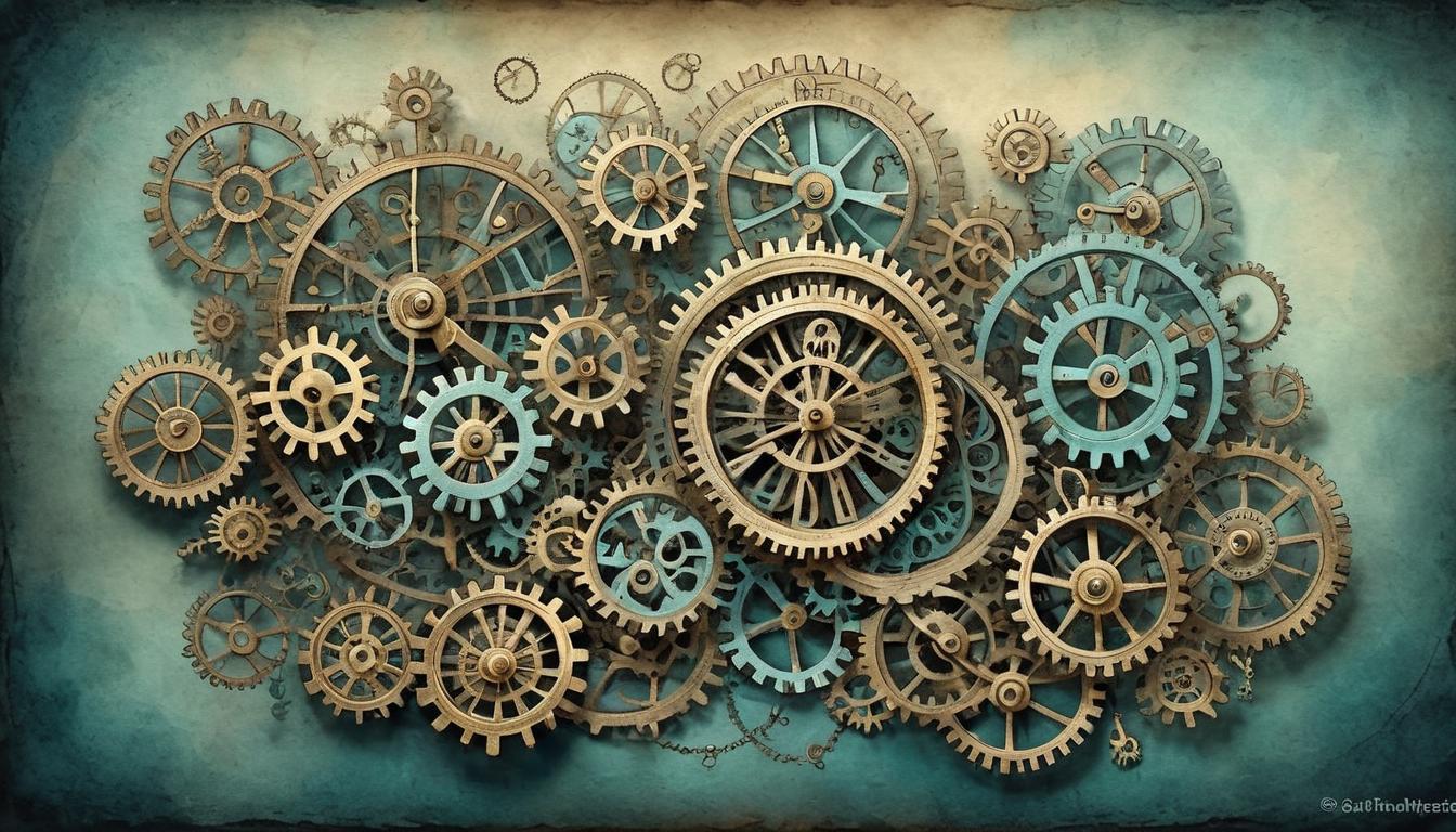  on parchment, surrealism+++, master key unlocking complex mechanism, intricate gears, controlling chaos, elegant, masterful(mysterious, provocative, symbolic,muted color)+++