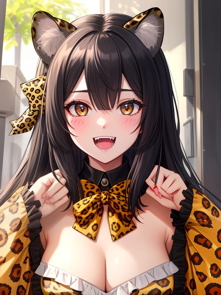  (fangs)masterpiece,beautiful girl ((leopard ears))(posed barking with both hands)(fangs)(in leopard print blouse)(close up of upper body)(high quality 8k)