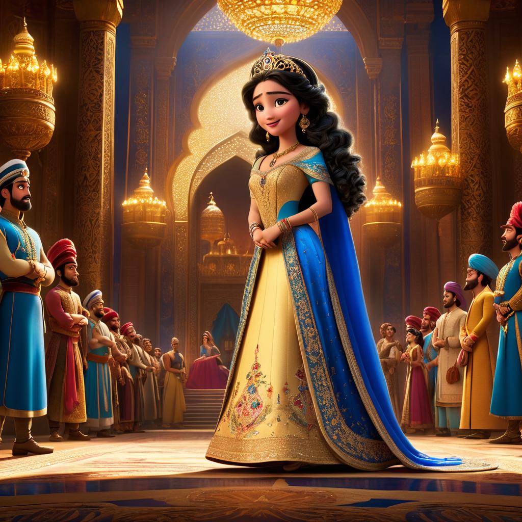  in 3d animated movie style. disney pixar style. laila, a old in lavish persian attire adorned with intricate designs and golden accents, radiating courage and intelligence amidst courtiers' skepticism in a grand palace setting. high resolution pixar 3d animated film style with rich golds and deep blues, dramatic lighting casting shadows. dynamic three quarter view angle accentuating laila's resolute demeanor.