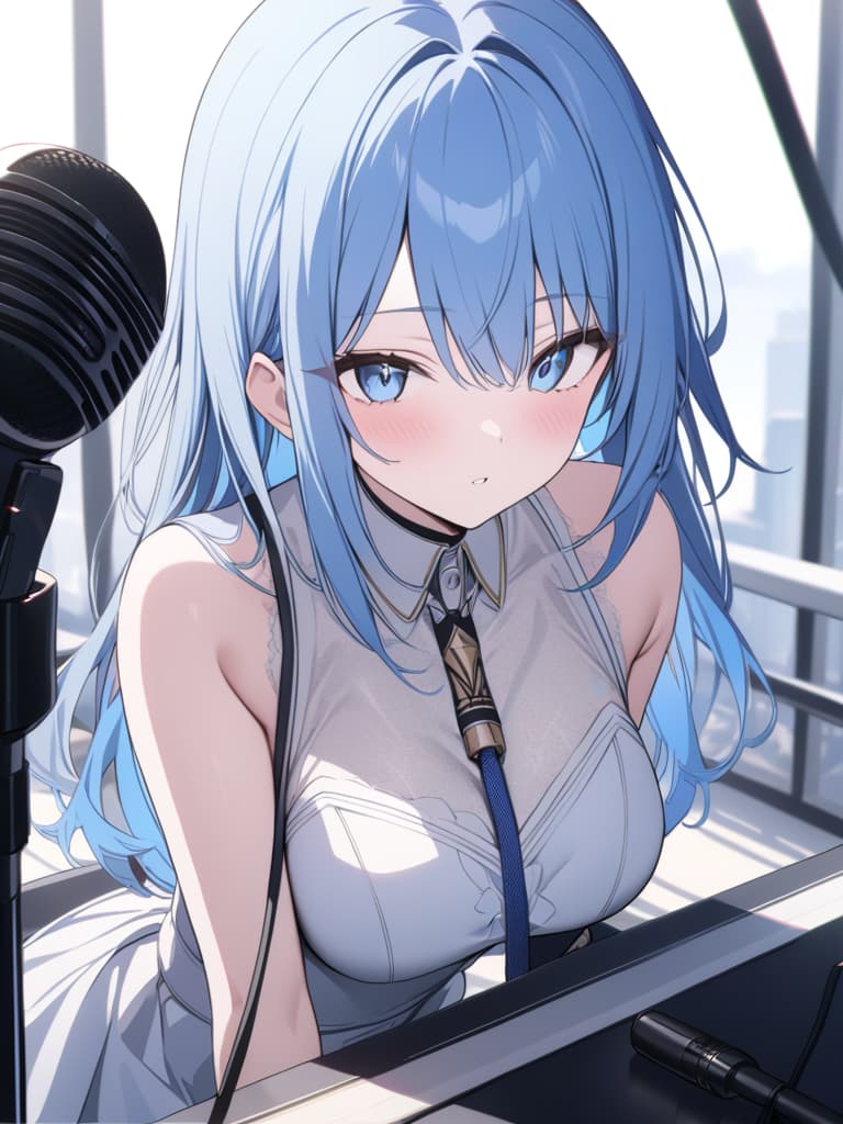  light blue hair, light blue eye, bob hair, microphone, live, masterpiece, best quality,8k,ultra detailed,high resolution,an extremely delicate and beautiful,hyper detail