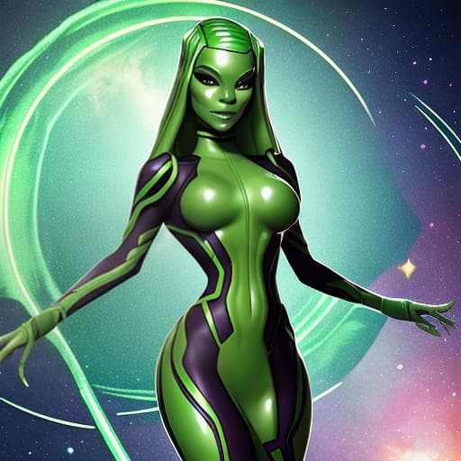  Charly Jordan as a green-skinned humanoid female from another galaxy, full body, erotic