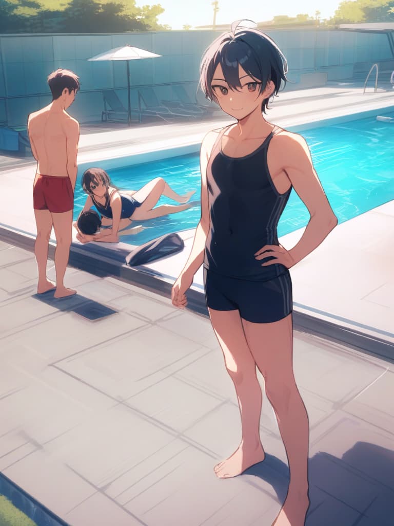  men's junior high , 's body, old (with dark blue old swimwear, ), male (bulging), front, cute smile ( face), short hair, whole body, pool,