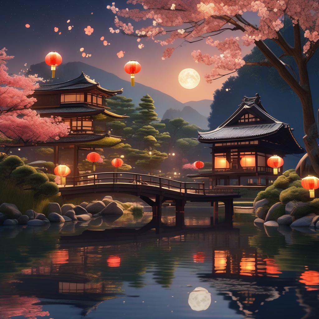  masterpiece, best quality, (Fidelity: 1.4), Best Quality, Masterpiece, Ultra High Resolution, 8k resolution, A night view inspired by Japanese art, featuring a garden illuminated by paper lanterns and a wooden bridge spanning a tranquil lake, by the lakeside, there is a small Zen temple. The water reflects the starry sky.