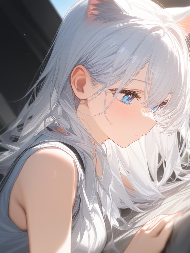  dark falling, silver hair long, beauty, cat ears, light blue eyes, sky, masterpiece, best quality,8k,ultra detailed,high resolution,an extremely delicate and beautiful,hyper detail