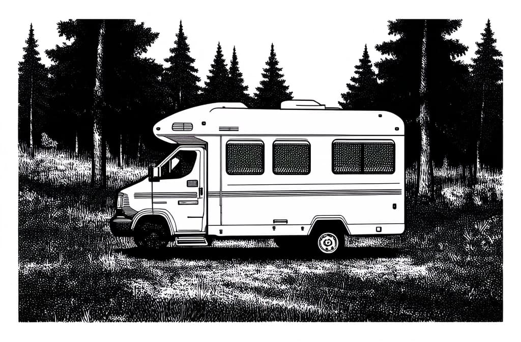  contour, very simple image in one unbroken black ink line, single line of motorhome parked in forest among trees, engraving black and white illustration on white background ar 3:2 using a single continuous black line ink brushon white background, drawing should be created without lifting the pen, recognizable features of motorhome parked in forest among trees, engraving black and white illustration on white background ar 3:2 in one unbroken line